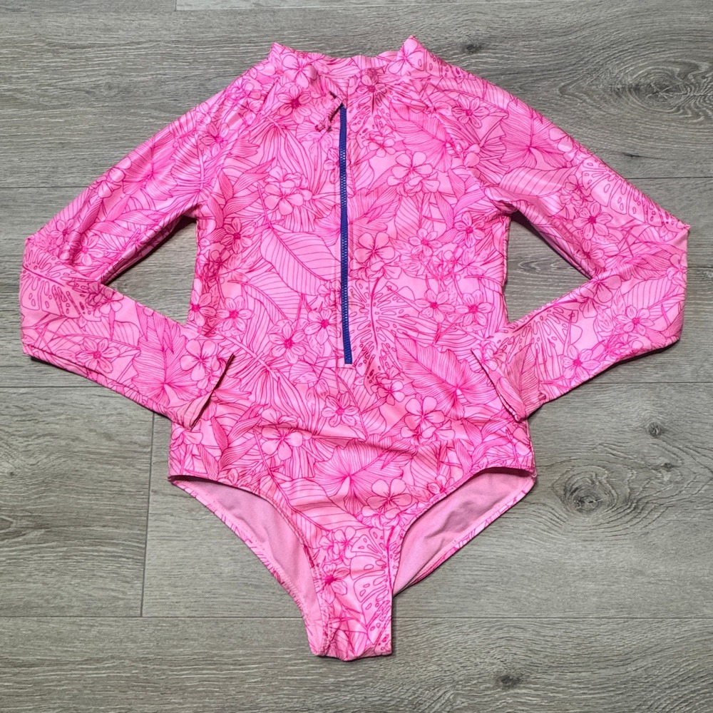 Sol Borne Girls Pink Tropical Floral Long Sleeve Rash Guard Swimsuit Size 10/12